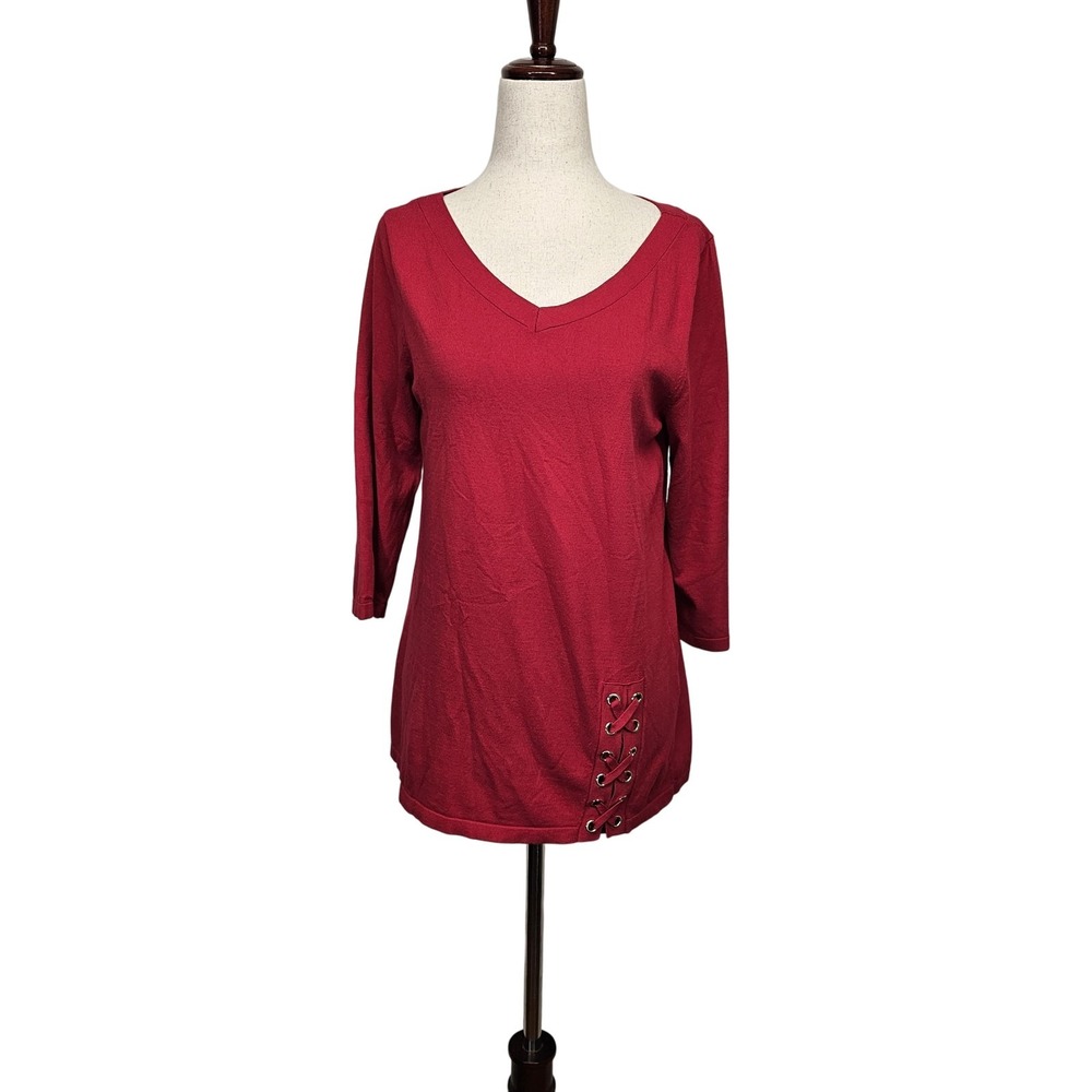 Chicos Shirt Womens Size 0 Red 3/4 Sleeve Lace Up Hem V Neck Pullover Top